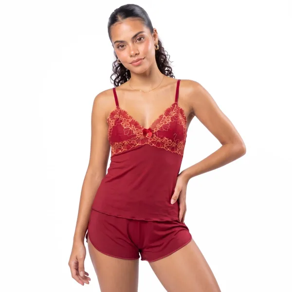 Baby Doll Feminino Tata em Romantic com Renda Floral no Busto, Alças Reguláveis e Short Liso