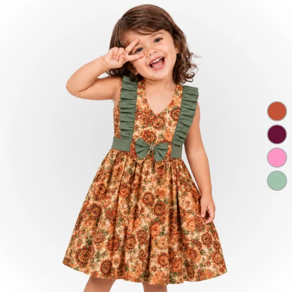 Vestido Infantil em Algodão com Lastex nas Costas, Laço e Estampas Delicadas