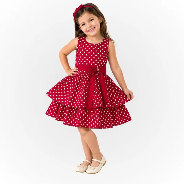 Vestido Infantil Estampado com Laço e Babado em Algodão