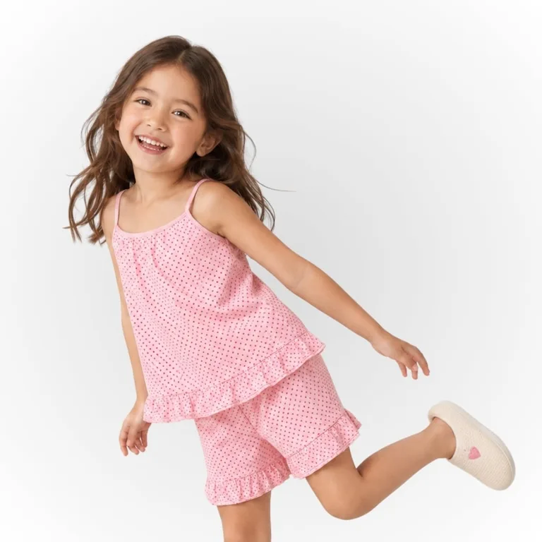 Menina feliz de pijama rosa de bolinhas