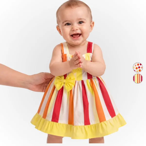 Vestido Bebê Algodão Listrado ou Bolinhas com Laço e Babado 6 Meses