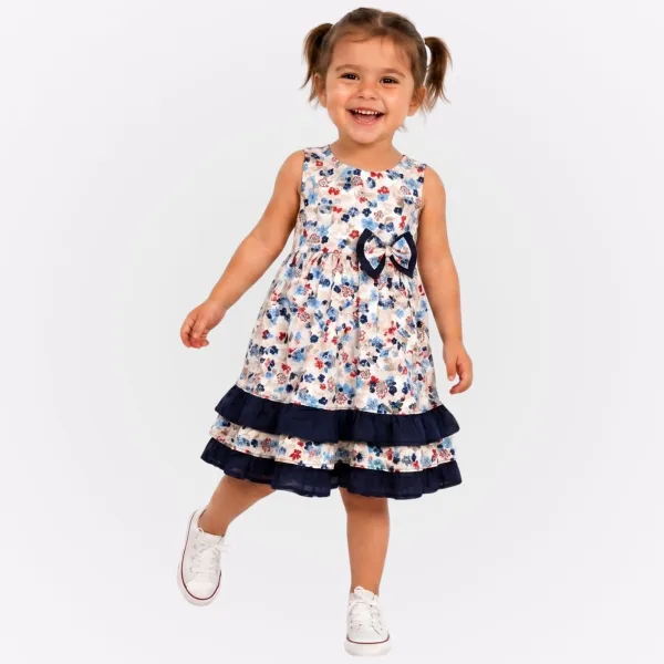 Vestido Infantil Algodão Babado Floral com Laço
