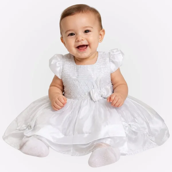 Vestido Bebê Crepp com Bordado Floral