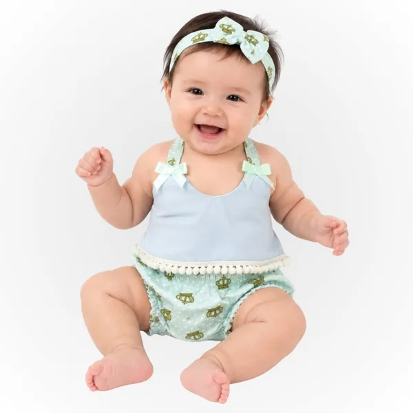 Romper Bebê Algodão Estampado Com Blusinha, Tapa Fralda e Tiara