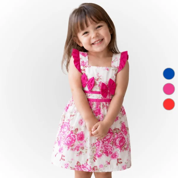 Vestido Infantil Floral em Poliéster com Laço Decorativo