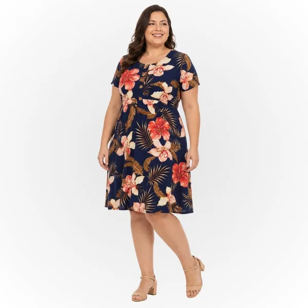 Vestido Liganete Plus Size Manga Curta Estampado