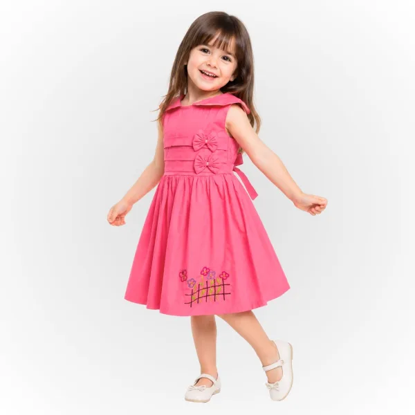 Vestido Gola Boneca Infantil em Algodão com Laços e Bordado Floral