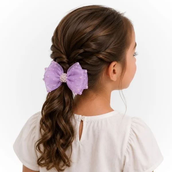 Laço Infantil em Organza com Pérolas para Cabelo