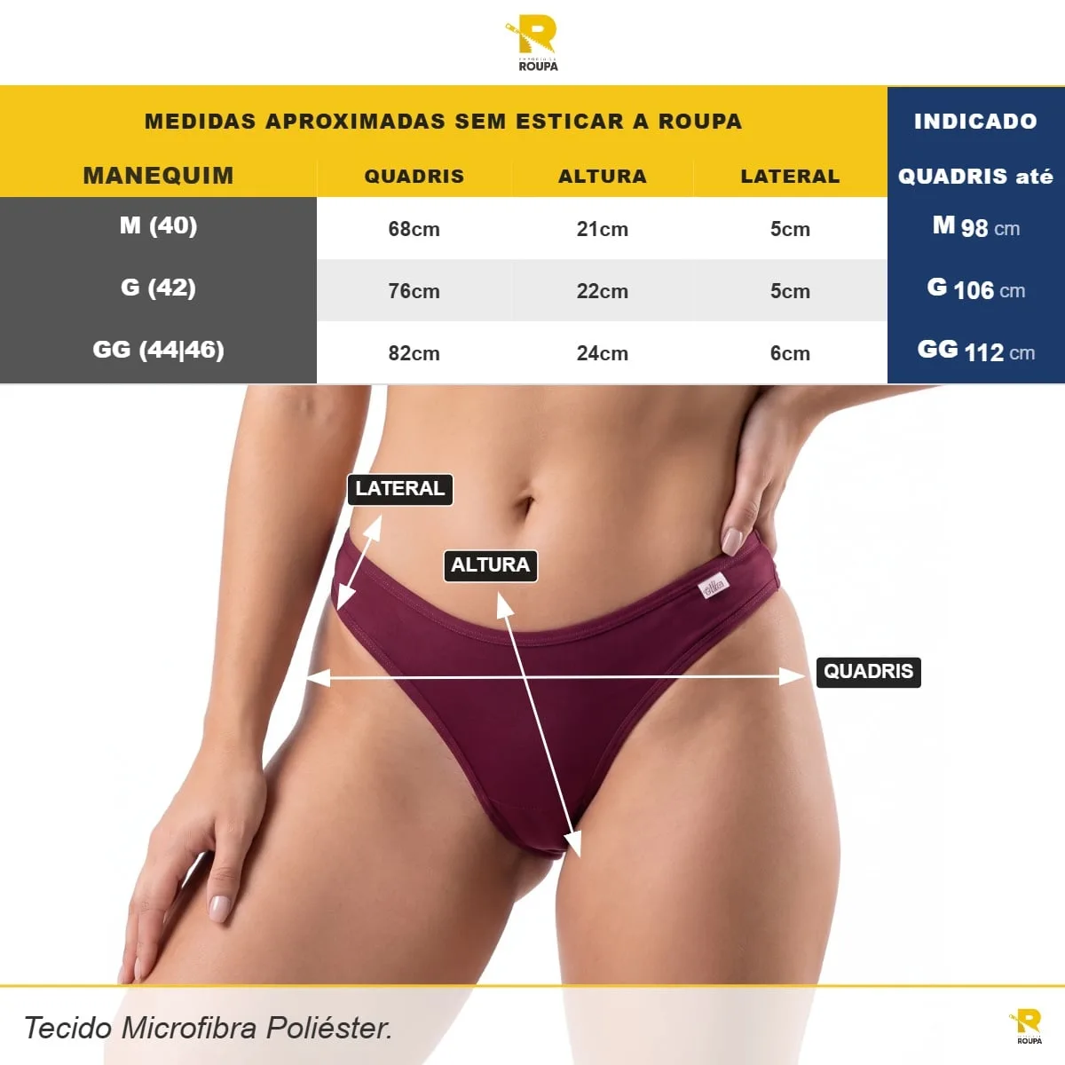 Calcinha Tanga Básica Feminina em Microfibra Poliéster com Forro de Algodão - Imagem 10