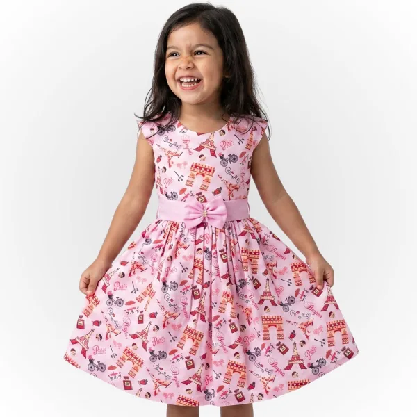 Vestido Infantil Algodão Estampa Paris com Laço Rosa 4 Anos