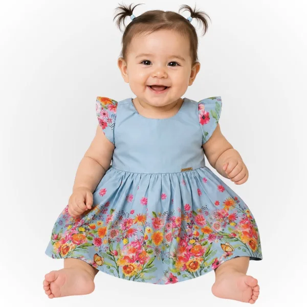 Vestido Bebê Floral em Poliéster com Manga  e Saia Rodada