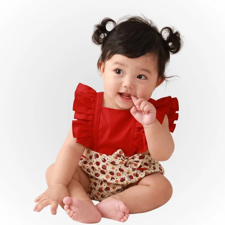 Bebê com body vermelho de babados