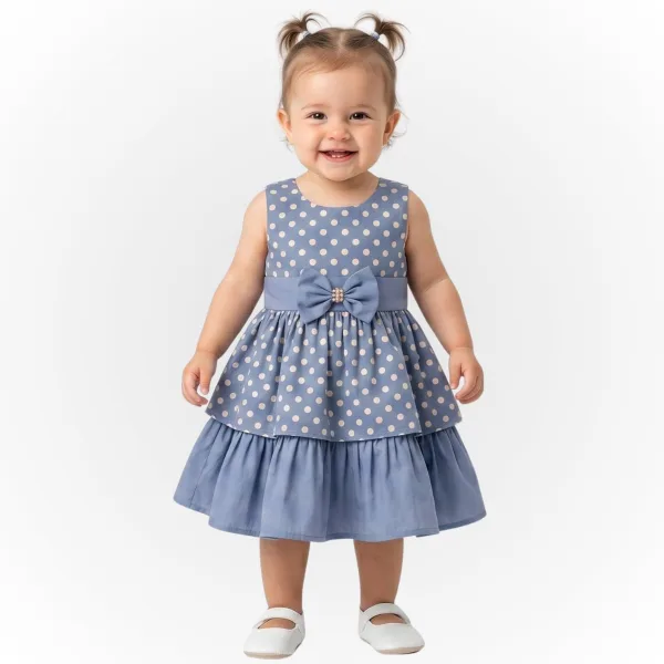 Vestido Bebe em Camadas Azul com Saia e Laço de Algodão