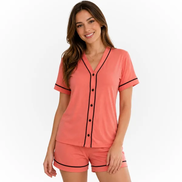 Pijama Americano Curto Feminino com Botões, Manga Curta e Short Sortido