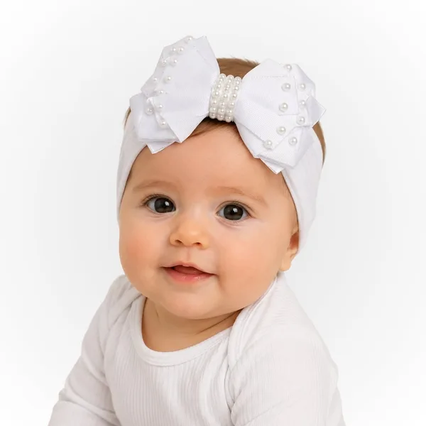 Faixa Bebê Laço Branco em Meia de Seda Macia