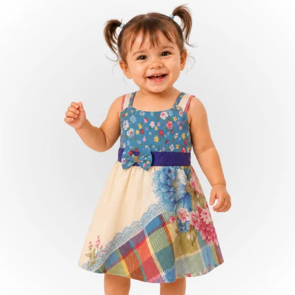 Vestido Bebê Poliéster Estampado com Laço e Alças Largas